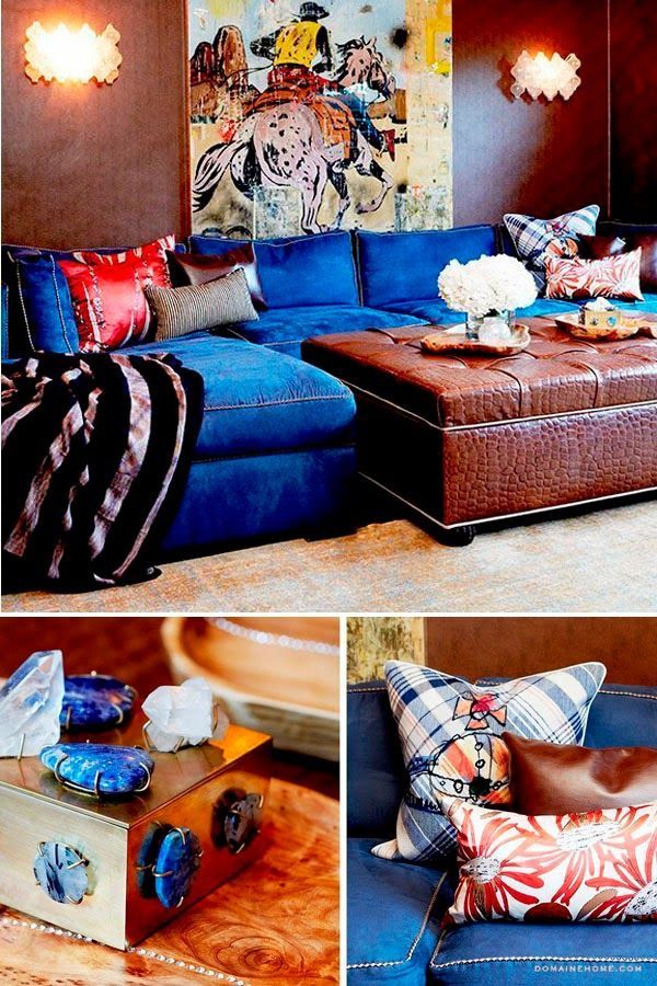 sofa azul pared marrón 2