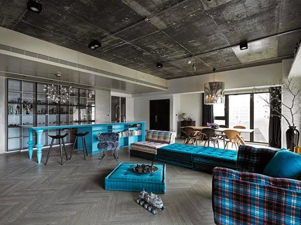 2-cómo-decorar-un-salón-con-techo-de-cemento-hormigón