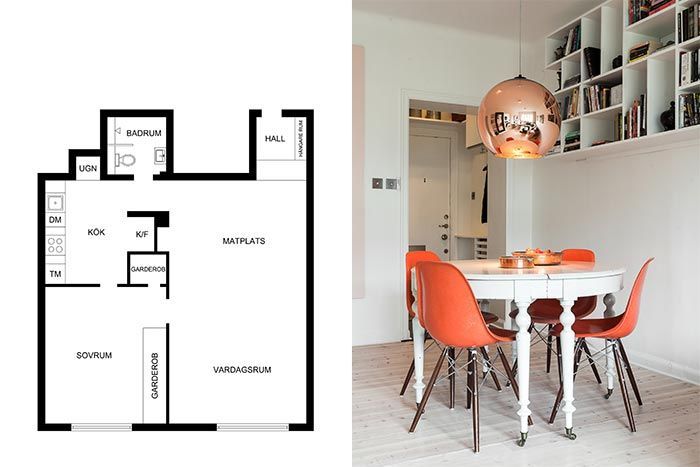 piso-estilo-nordico-mesa-comedor-blanca-redonda-con-sillas-rojas-lampara-bola-cobre