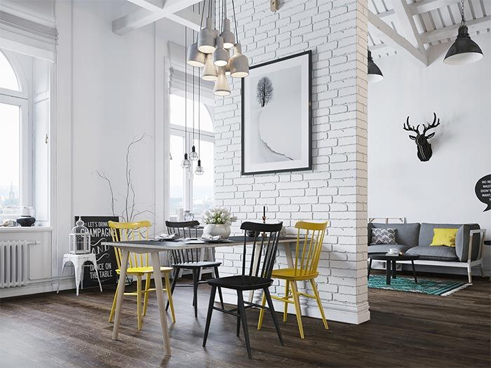 comedor-sillas-negras-y-amarillo-dormitorio-en-altillo-vestidor-debajo-estilo-industrial-loft