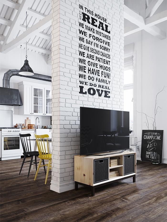 loft-estilo-industrial-pared-ladrillo-pintada-de-blanco-con-menjaje